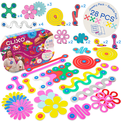 Clixo Jewelry Pack contents: 28 magnetic pieces in 11 shapes