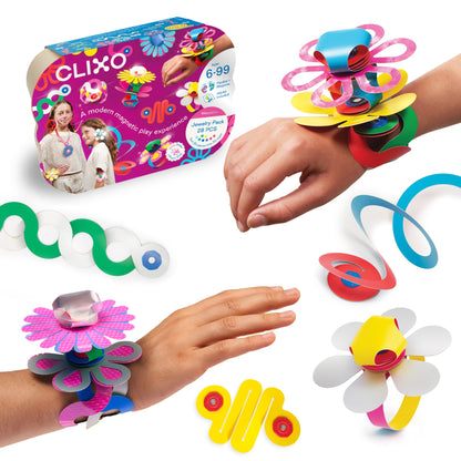 Clixo Jewelry Pack box with a wearable magnetic flower bracelet