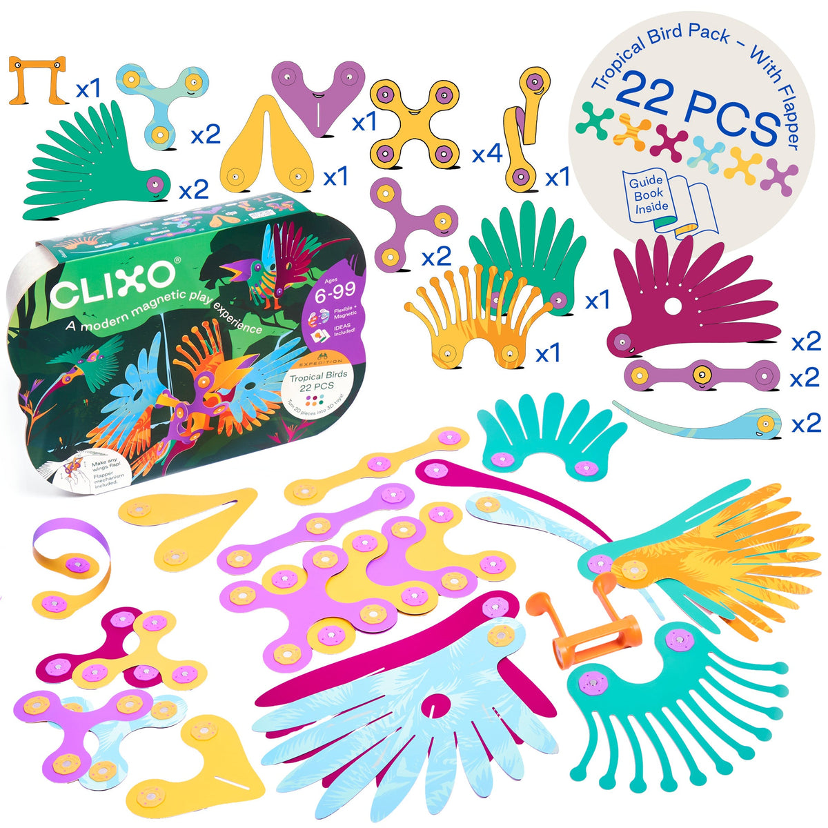 Clixo Tropical Birds Pack contents: 22 magnetic pieces in 11 shapes