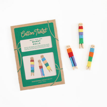 Cotton Twist Make Your Own Worry Dolls kit in kraft envelope with three finished dolls