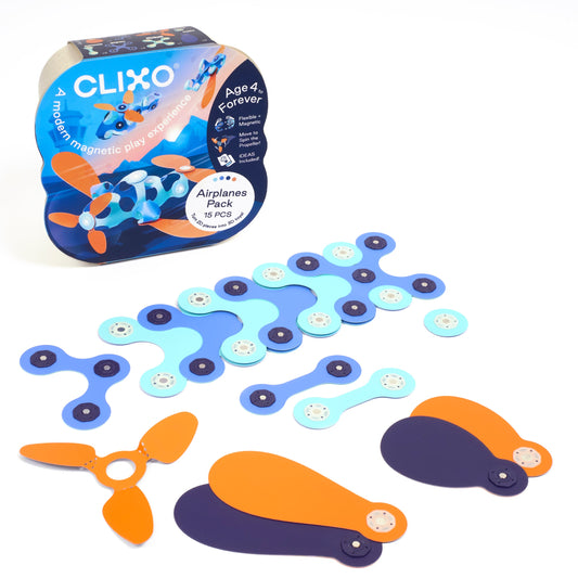 Clixo Airplanes Pack box and all 15 magnetic pieces laid out
