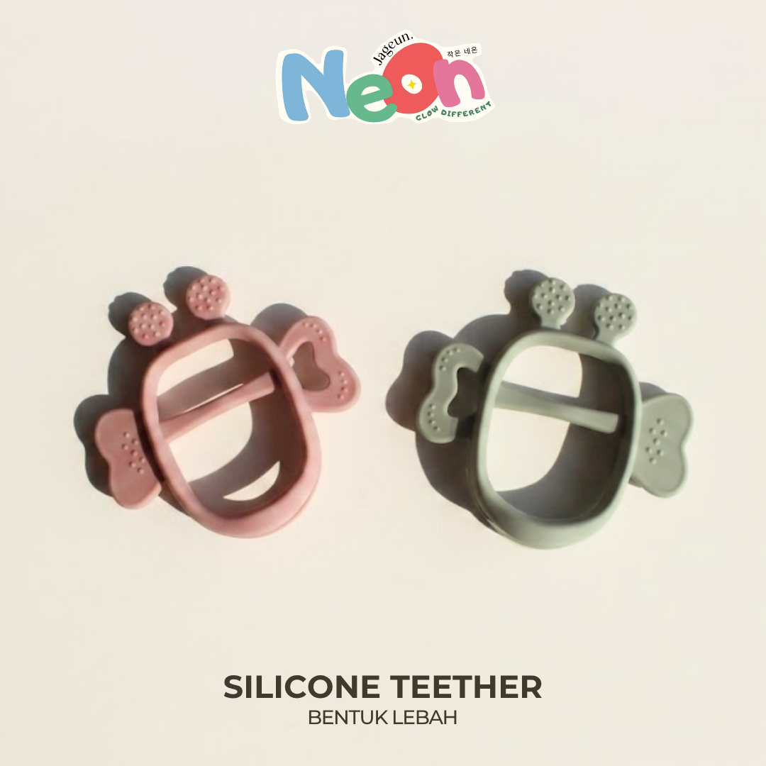 Bee-shaped silicone teethers in pink and sage
