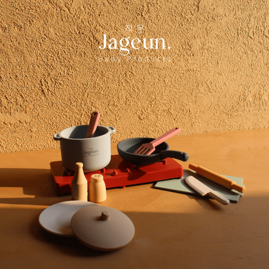 Jageun silicone pretend play cooking set with stove, pot and pan