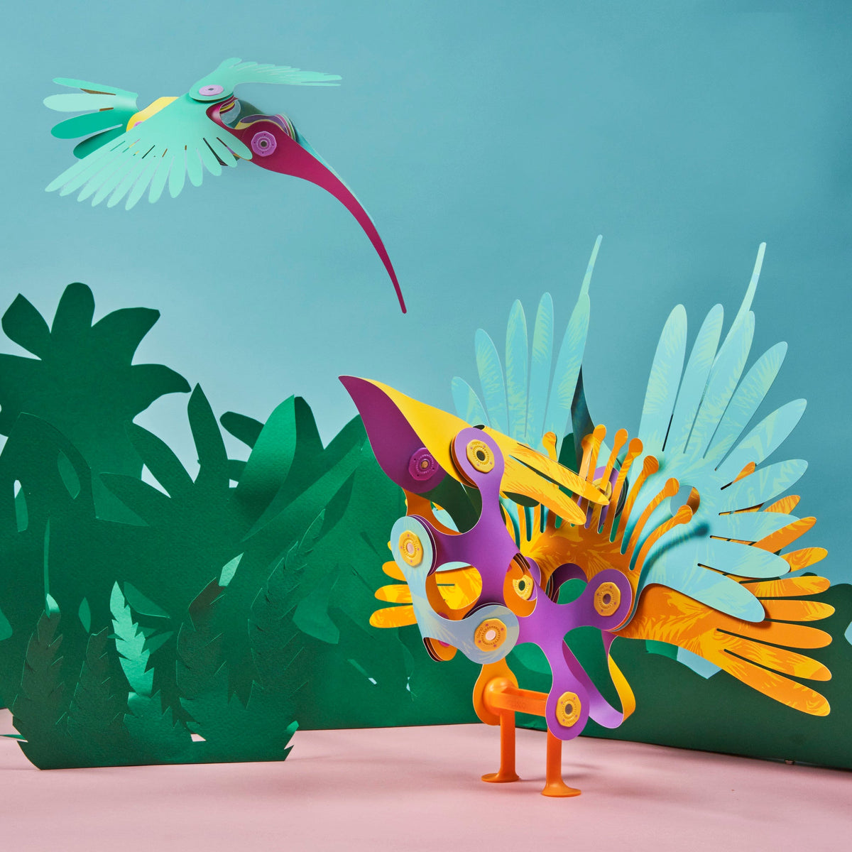 Tropical bird builds made with Clixo magnetic pieces in a rainforest scene