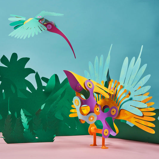 Tropical bird builds made with Clixo magnetic pieces in a rainforest scene